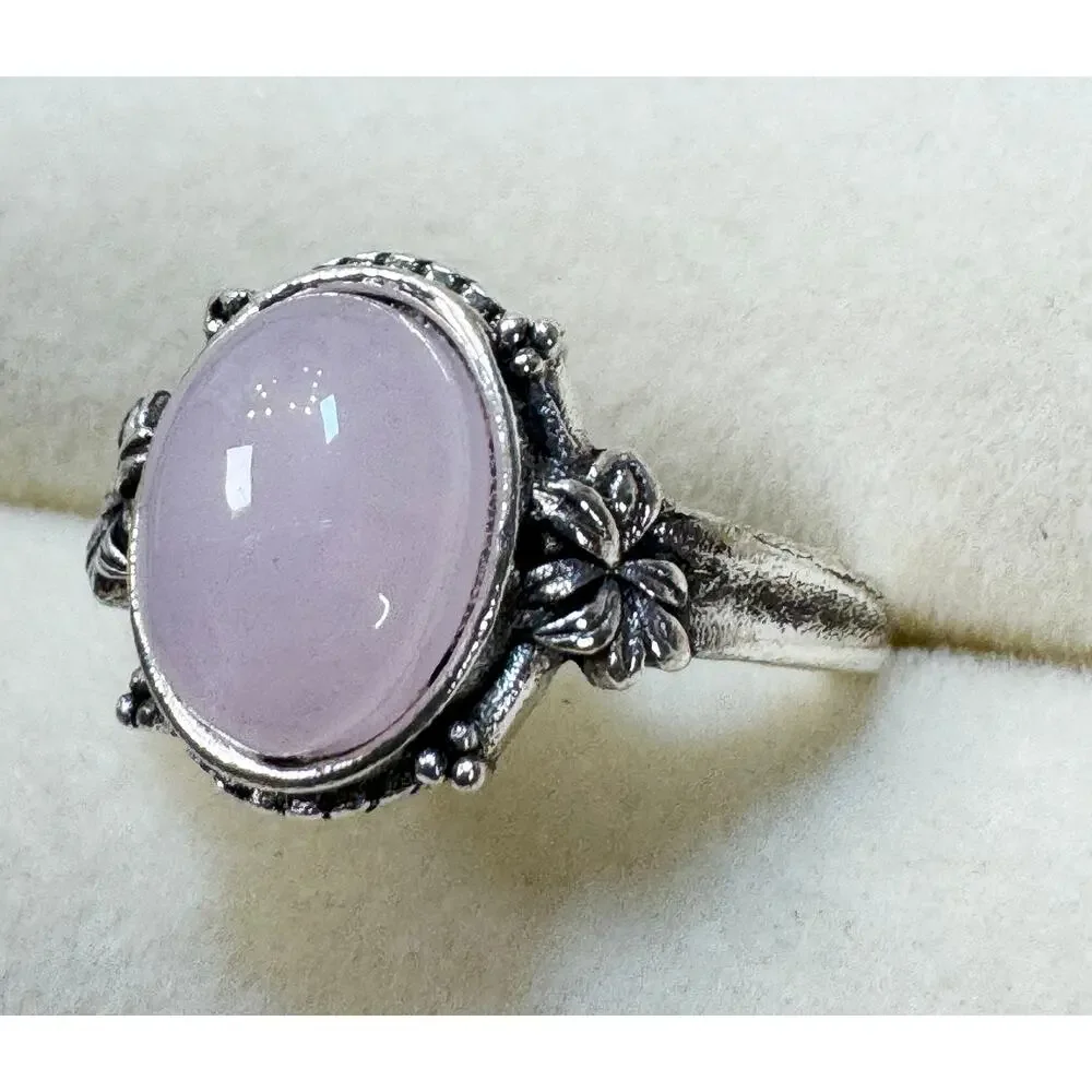 New Size 6 Pink Oval Cabochon Ring Silver Tone Floral Statement Ring R007